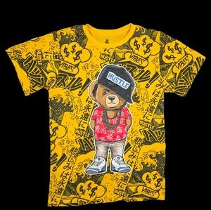 Hustle Bear T-Shirt AOP Yellow Black Streetwear Skater Adult Small Tagless Tee